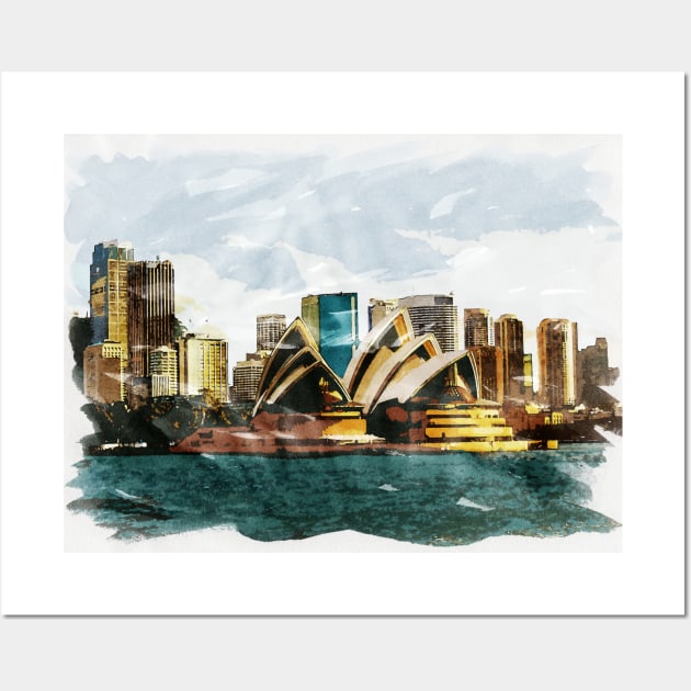 Sydney Australia Opera House Waterfront Watercolor Travel Painting Wall Art by Naumovski